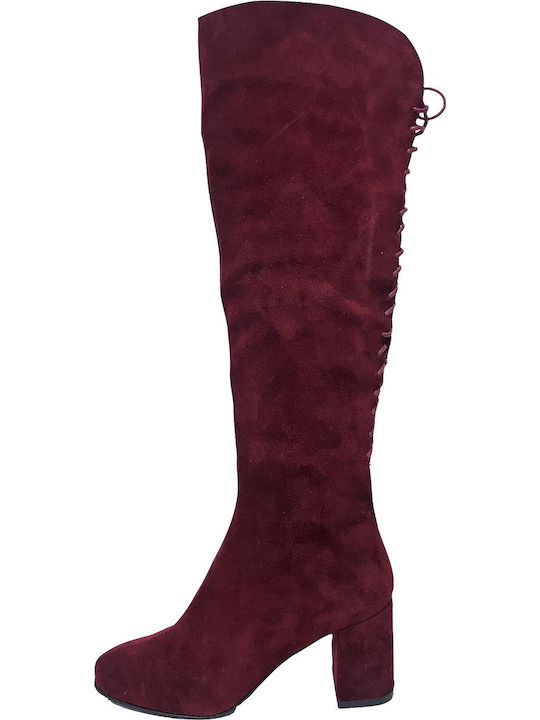 Suede Over the Knee Medium Heel Women's Boots Burgundy