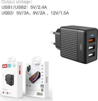 XO Φορτιστής Χωρίς Καλώδιο με 3 Θύρες USB-A 18W Quick Charge 3.0 Μαύρος (L58)