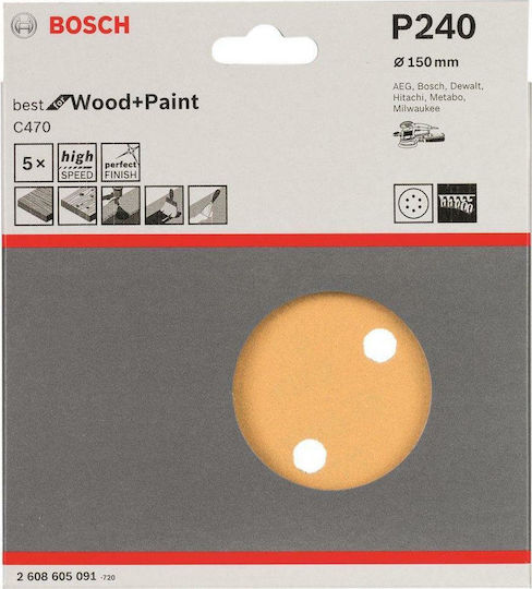 Bosch C470 Φύλλο Λείανσης Έκκεντρου Τριβείου K240 με Τρύπες 150x150mm Σετ 5τμχ