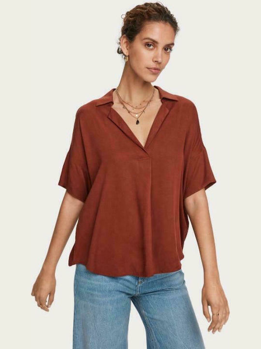 Scotch & Soda Women's Summer Blouse with 3/4 Sleeve & V Neckline Brown