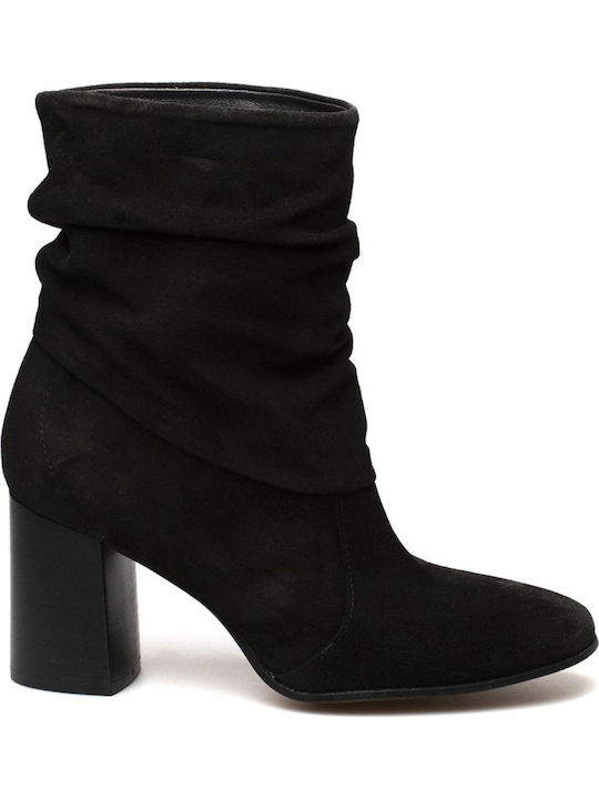 19ΚΙ9641 Suede Women's Ankle Boots with High Heel Black