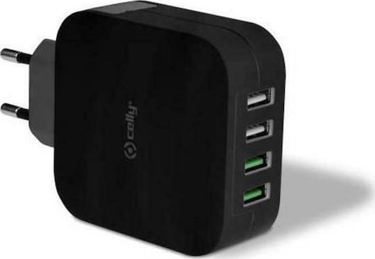 Celly Ladegerät ohne Kabel mit 4 USB-A Anschlüsse Schwarzs (TC4USBTURBO)