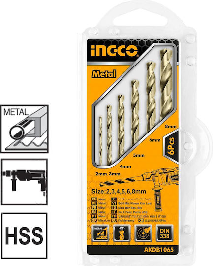 Ingco Set of 6 HSS Drills HSS with Cylindrical Shank for Metal