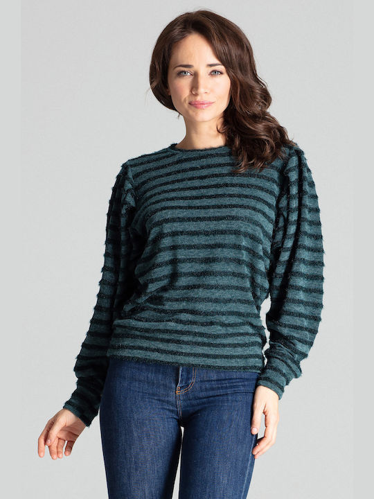 Lenitif L069 Women's Long Sleeve Crop Sweater Striped Green