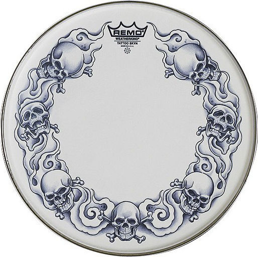 Remo Ambassador X SkynDeep Tattoo Skulls on White 14"
