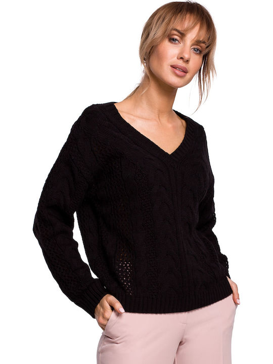 MOE M510 Damen Langarm Pullover Wolle mit V-Ausschnitt Schwarz MOE510