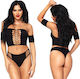 Leg Avenue Set Opaque Crop Top and Thong Sexy Lingerie Sets with Lace Black 2 Pieces