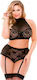 Fantasy Lingerie Katia Halter Bra with Matching Gartered Panty Sexy Σετ Εσωρούχων με Ζαρτιέρες Black