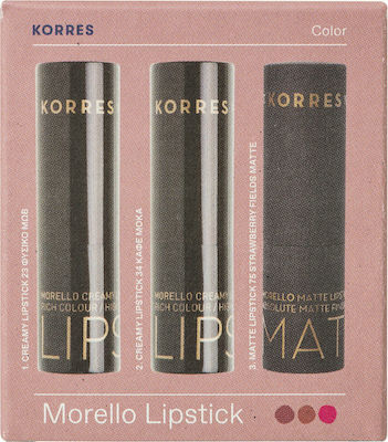 Korres Σετ Morrello Set 23 Φυσικό Μωβ 3.5gr & No34 Καφέ Μόκα 3.5gr & Matte Lipstick No75 Strawberry Fields 3.5gr