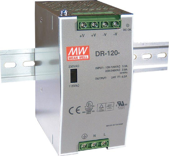 Mean Well Τροφοδοτικό Ράγας με Έξοδο 12V και Ισχύ 120W 10A