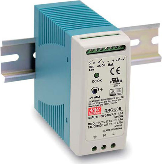 Mean Well Τροφοδοτικό Ράγας UPS DRC-60B με Έξοδο 27.6V και Ισχύ 60W 2.15A