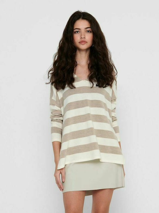 Only Women's Blouse Long Sleeve with V Neck Striped Cobblestone Striped
