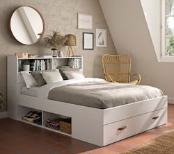 Sabia Κρεβάτι Διπλό Ξύλινο Λευκό με Συρτάρια & Τάβλες 140x190cm