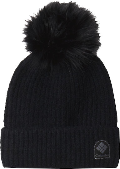 Winter Blur Pom Pom Beanie Unisex Beanie with Rib Knit in Black color