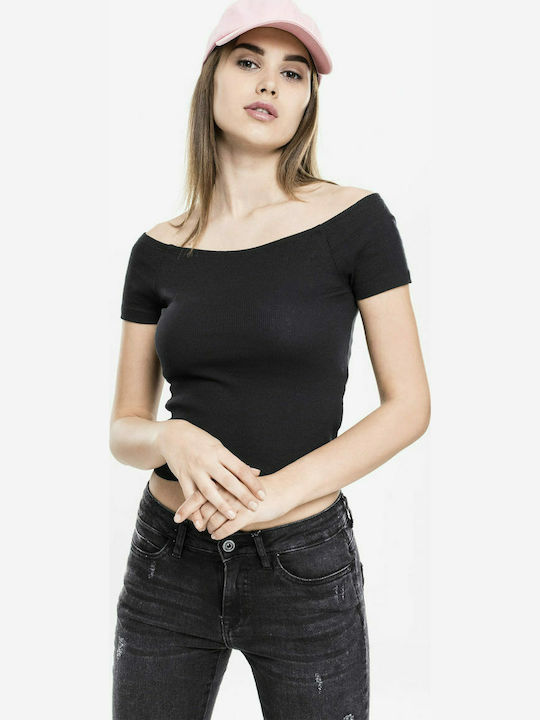 Urban Classics TB1500 Women's Summer Crop Top Off-Shoulder Cotton Short Sleeve Black