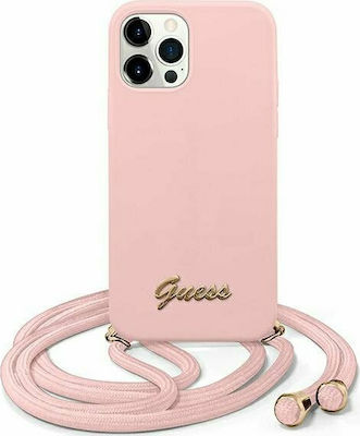 Guess Metal Logo Cord Silicone Back Cover with Strap Pink (iPhone 12 / 12 Pro)