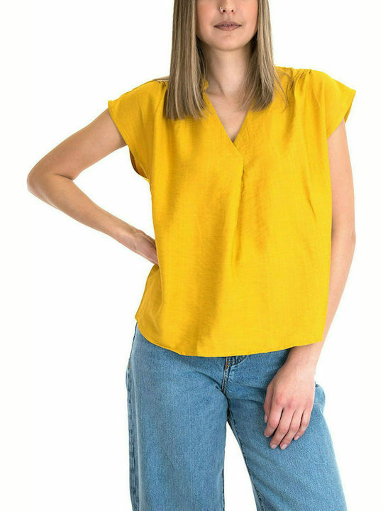 Only Women's Summer Blouse Short Sleeve with V Neckline Mustard
