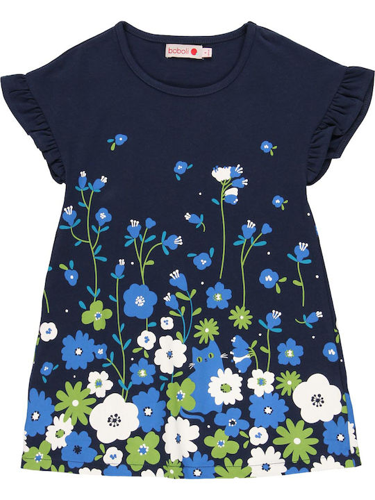 Boboli Kids Dress Floral Short Sleeve Navy Blue