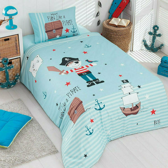 Beauty Home Kids Quilt Set Single with Pillowcase Pirate Art Light Blue 160x240cm