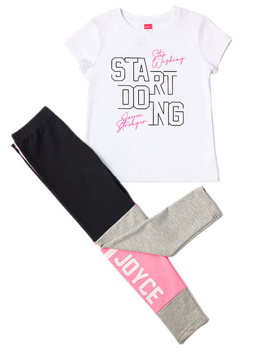 Joyce Kids Set with Leggings Summer 2pcs White/Pink Σετ Κολάν με Μπλουζάκι 'Start Doing'