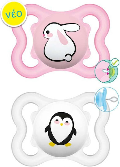 Mam Orthodontic Pacifiers Silicone Night with Case Bunny-Penguin - Pink-White for 2-6 months 2pcs