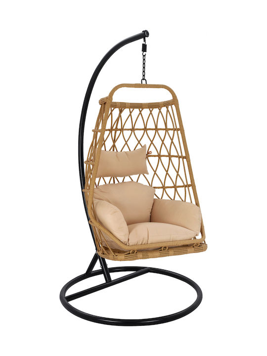 Rattan Swing Nest with Stand Μαύρο - Μπεζ with 130kg Maximum Weight Capacity L105xW105xH195cm