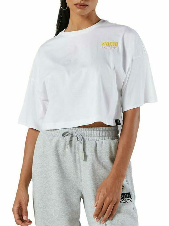 Puma Peanuts Γυναικείο Αθλητικό Crop T-shirt Λευκό