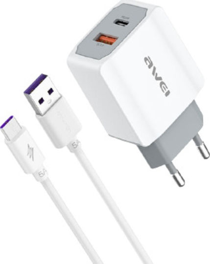 Awei Φορτιστής με Θύρα USB-A και Θύρα USB-C και Καλώδιο USB-C 20W Power Delivery / Quick Charge 3.0 Λευκός (PD4)