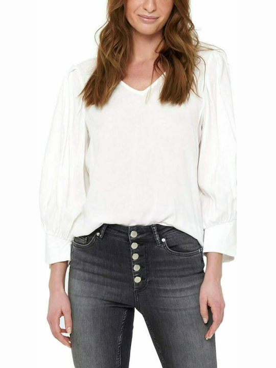 Only Women's Blouse Long Sleeve with V Neck White