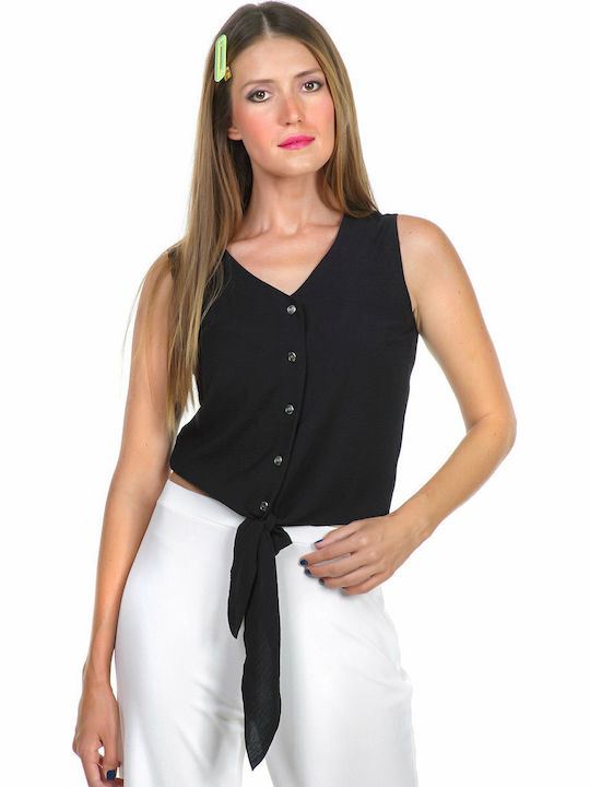 Γυναικείο Καλοκαιρινό Crop Top Αμάνικο με V Λαιμόκοψη Μαύρο
