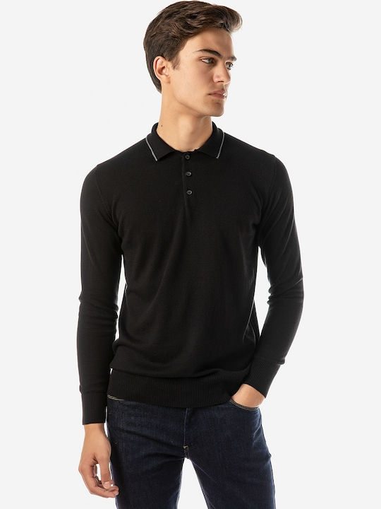 Sogo Men's Long Sleeve Sweater Polo Black