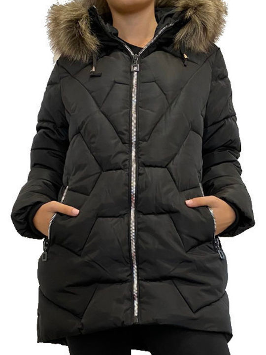 Lang Damen Puffer Jacke für Winter Schwarz
