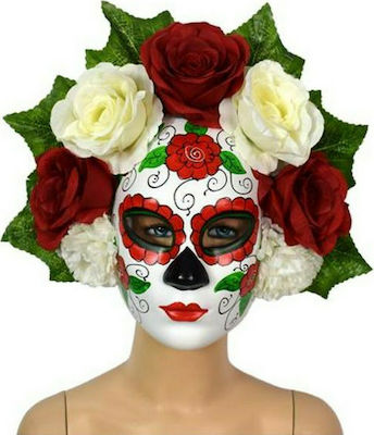 Μάσκα για την Ημέρα των Νεκρών με Κόκκινα-Λευκά Λουλούδια