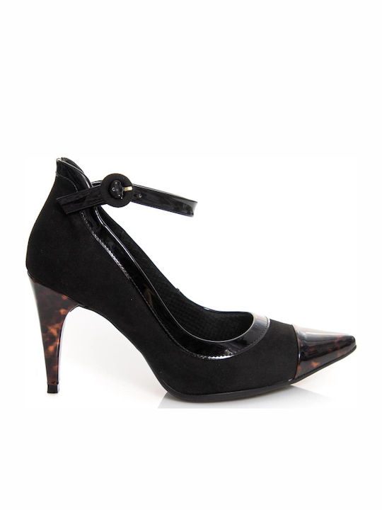 Piccadilly Anatomic Pointed Toe Stiletto Black High Heels with Strap