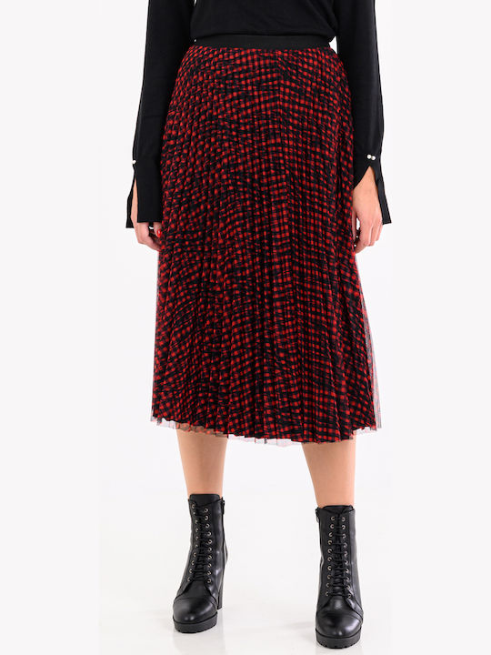 Pleated High-waisted Midi Skirt Checked Burgundy