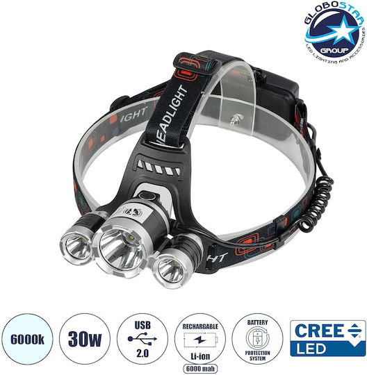 GloboStar Rechargeable Headlamp LED IP44 with Maximum Brightness 3000lm XML2-T6 Black