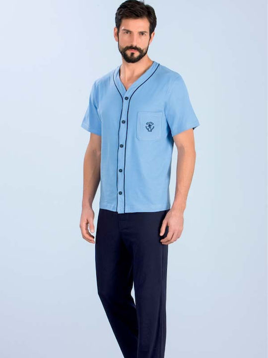 Minerva Status 90-70503 Men's Summer Cotton Pajama Blouse Light Blue