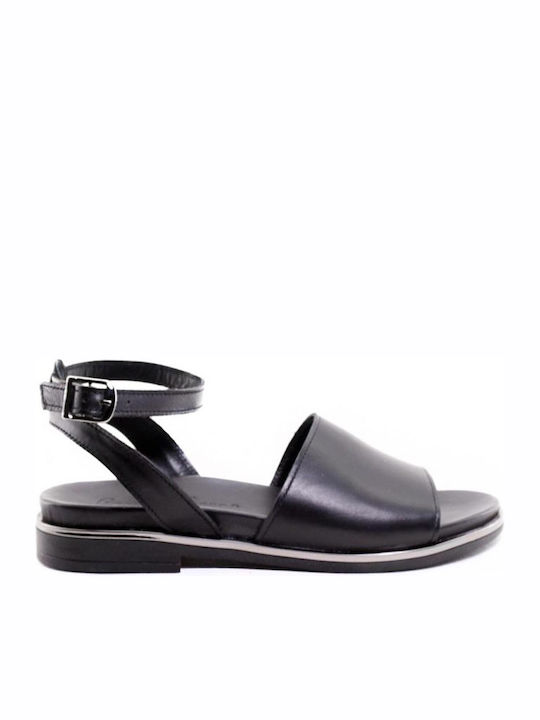 Leather Women's Flat Sandals Anatomic with Strap in Black Color