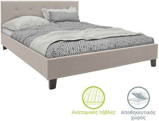 Mago Pat Dublu Tapițat cu Material Bej cu Plăci Potrivit pentru Saltea 150x200cm