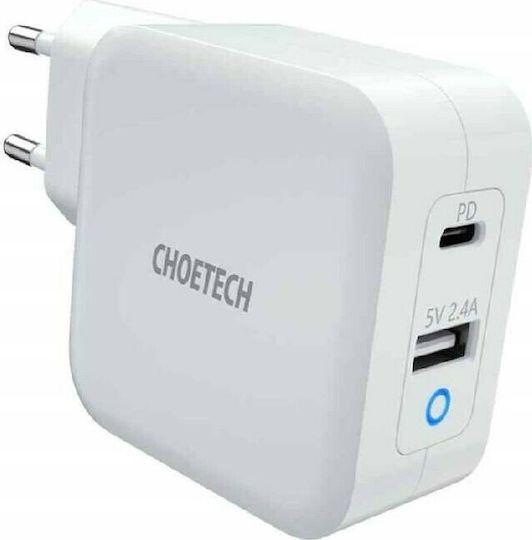 Choetech GaN Kabelloser Handyladegerät mit USB-A und USB-C Ausgangsanschlüssen Weiß (PD8002)