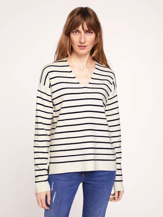 Damen Bluse Langärmelig mit V-Ausschnitt Gestreift Marineblau