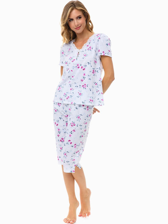 Minerva Sommer Damen Pyjama-Set Baumwolle Hellblau