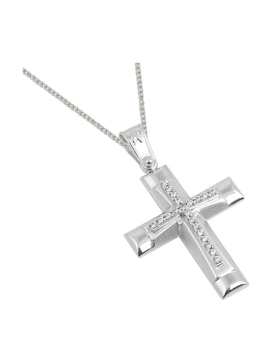 CHRISTENING CROSS IN WHITE GOLD 14K WITH CHAIN FOR GIRL WITH ZIRCONIA OF ITALIAN DESIGN HANDMADE BY HAND F070