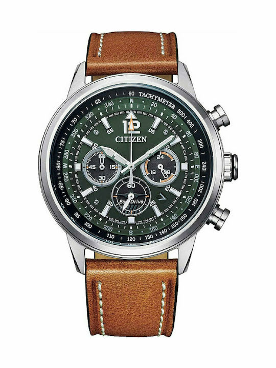 Citizen Ανδρικό Ρολόι 44mm Χρονογράφος Eco - Drive με Καφέ Δερμάτινο Λουράκι