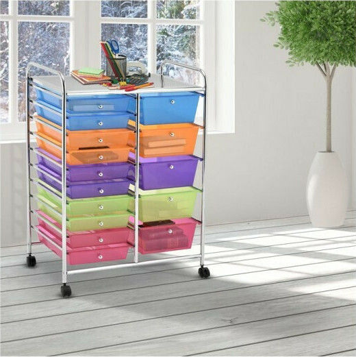 Troler Metalic Multifuncțional cu 15 Sertare din Plastic Sertar de Depozitare L62.5xL37xÎ87cm