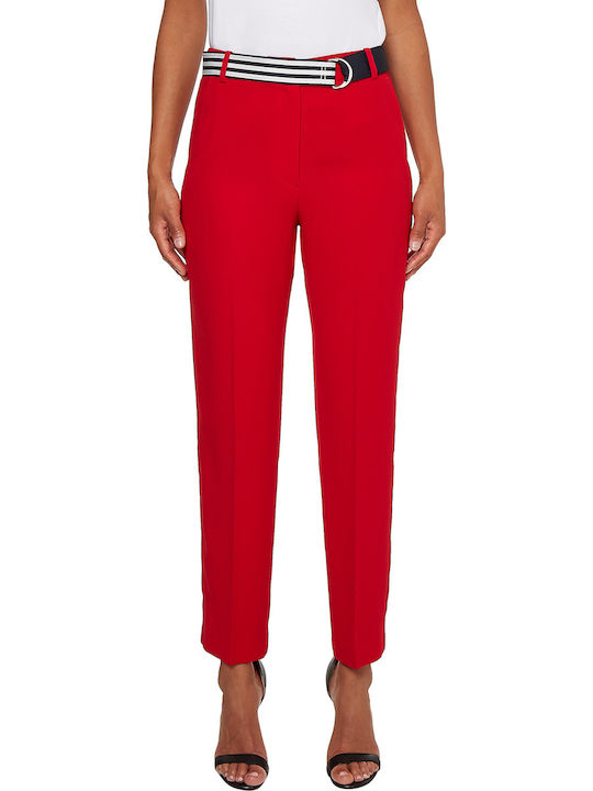 Ankle Women's High-waisted Fabric Trousers Regular Fit Red
