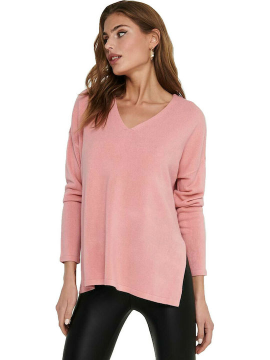 Only Women's Blouse Long Sleeve with V Neck Pink