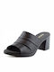 Leather Mules with Chunky High Heel in Black Color