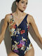 Blu4u One-Piece Swimsuit with Padding & Open Back Floral Blue