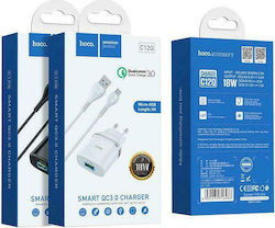 Hoco Φορτιστής με Θύρα USB-A και Καλώδιο micro USB Quick Charge 3.0 Λευκός (C12Q)